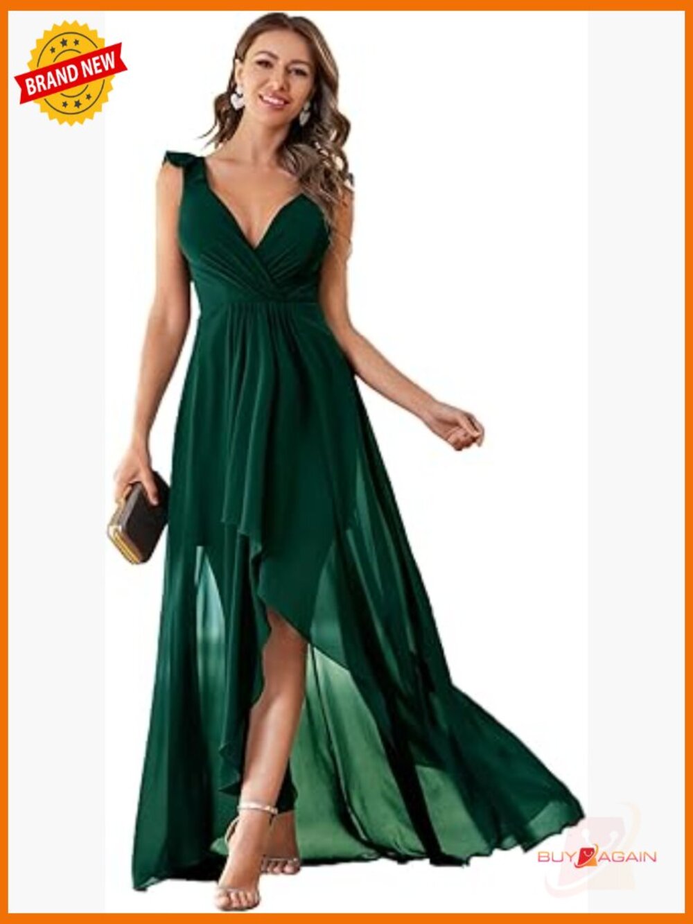 Elegant V Neck Pleat Sleeveless Chiffon Ruffled Straps High-Low Hem Maxi Formal